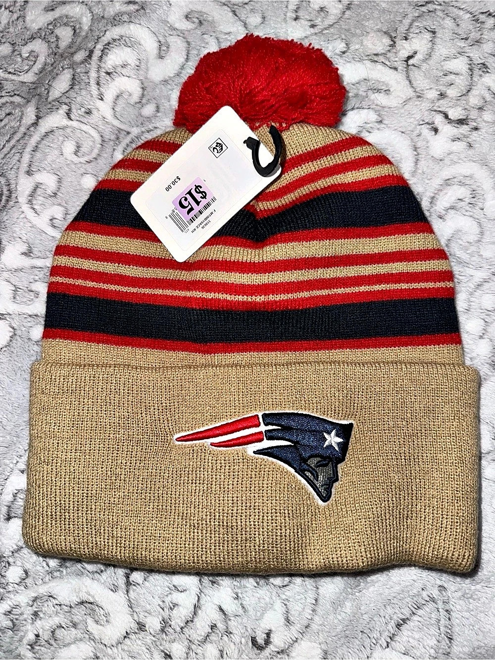 New Era New England Patriots knit pom beanie Striped Knit Beanie in Beige & Red